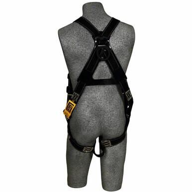 A mannequin is showcasing the 3M DBI-SALA Fall Protection Delta Back D-Ring Non-Conductive Welder’s Harness, model 1105475. This black harness, made with Nomex/Kevlar and featuring adjustable straps, is displayed against a plain background. Its flame-resistant design and structure are accentuated by a distinctive yellow label.