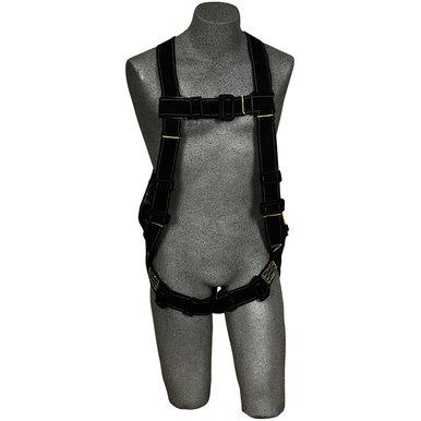 The Delta Back D-Ring Non-Conductive Welder's Harness 1105475 by 3M DBI-SALA Fall Protection is showcased on a gray mannequin. This black harness, featuring yellow stitching, includes adjustable straps around the chest, waist, and legs to ensure a secure fit and provides flame resistance for enhanced safety in challenging environments.