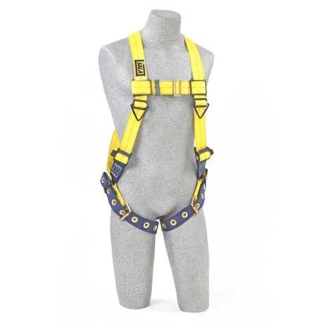 A gray mannequin displays the 3M DBI-SALA Delta Vest Safety Harness with adjustable, corrosion-resistant tongue buckle hardware in yellow and blue. Manufactured by 3M DBI-SALA Fall Protection, this harness is designed for fall protection and features a no-tangle design with multiple loops and padding for enhanced comfort and security during use.