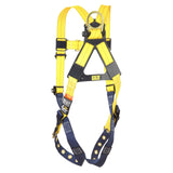 Introducing the 3M DBI-SALA Delta Vest Safety Harness with Tongue Buckle by 3M DBI-SALA Fall Protection, featuring a yellow and blue design, adjustable straps, and corrosion-resistant hardware. This harness offers fall protection and a no-tangle design.