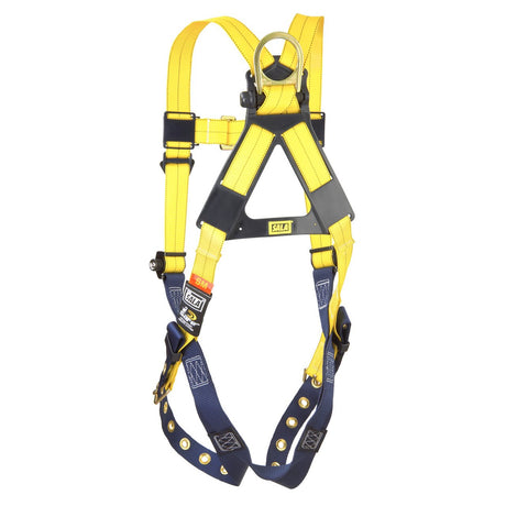 Introducing the 3M DBI-SALA Delta Vest Safety Harness with Tongue Buckle by 3M DBI-SALA Fall Protection, featuring a yellow and blue design, adjustable straps, and corrosion-resistant hardware. This harness offers fall protection and a no-tangle design.