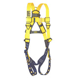 The 3M DBI-SALA Delta Vest Safety Harness, Tongue Buckle by 3M DBI-SALA Fall Protection is a yellow and black safety harness featuring a no-tangle design with adjustable straps, corrosion-resistant hardware, and reinforced stitching. It is crafted for fall protection in construction or industrial settings, with the brand label prominently visible on the shoulder strap.