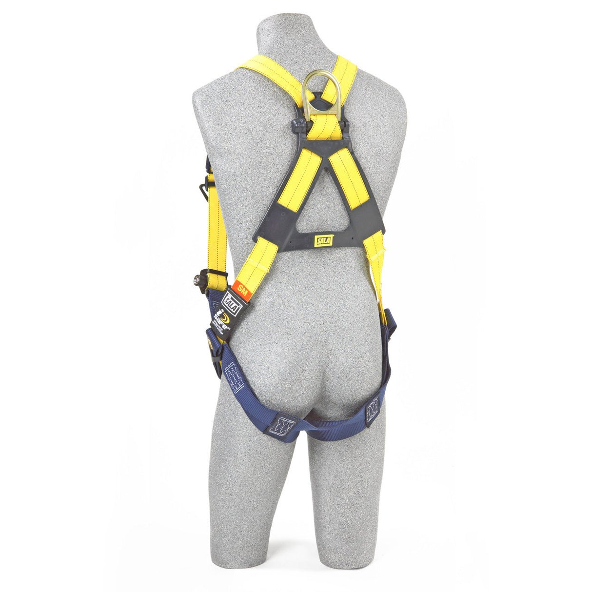 A gray mannequin is wearing the 3M DBI-SALA Delta Vest Safety Harness with a tongue buckle, in a vibrant yellow and blue color scheme. The harness features corrosion-resistant hardware and adjustable straps, along with a back attachment point. Its no-tangle design ensures ease of use, making it an excellent choice for personal fall arrest systems.