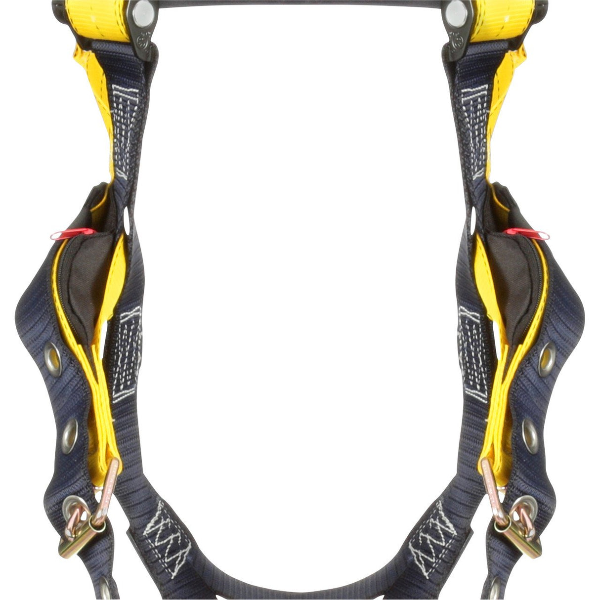 A close-up image highlights the intricate details of the 3M DBI-SALA Delta Vest Safety Harness, Tongue Buckle. Its black and yellow no-tangle straps are complemented by corrosion-resistant silver metal buckles and clips for secure fastening. The white background emphasizes its design features.