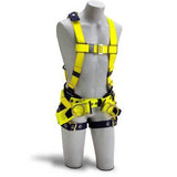 A gray mannequin showcases a 3M DBI-SALA Fall Protection Delta Oil & Gas Belt, Hip Pad, Seat Sling Harness 1106103 in vivid yellow with black straps and metal buckles. This harness features leg loops and numerous adjustment points, emphasizing its secure fitting design and comprehensive fall protection capabilities.