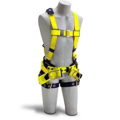 A mannequin showcases a Delta Oil & Gas Belt, Hip Pad, Seat Sling Harness 1106103 from 3M DBI-SALA Fall Protection, featuring black straps, metal buckles, and loops. This harness provides secure attachment and is ideal for construction or climbing to ensure reliable fall protection.