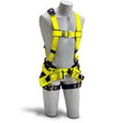 A gray mannequin torso displays the Delta Oil & Gas Belt, Hip Pad, Seat Sling Harness 1106103 from 3M DBI-SALA Fall Protection. The harness is in bright yellow with black accents and features multiple adjusting buckles. It includes leg straps and a belt with tool loops, making it ideal for construction or climbing use.