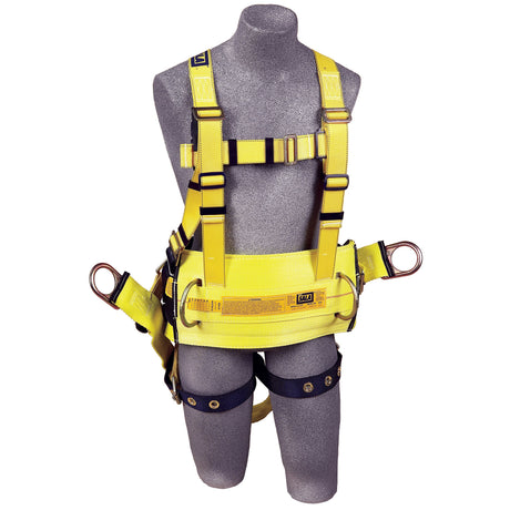 A display mannequin features a 3M DBI-SALA Delta Derrick Harness from 3M DBI-SALA Fall Protection, highlighting its yellow safety design with black straps and corrosion-resistant hardware. This harness, crafted for fall protection, includes adjustable shoulder, chest, and leg straps along with abrasion-resistant webbing for enhanced durability.