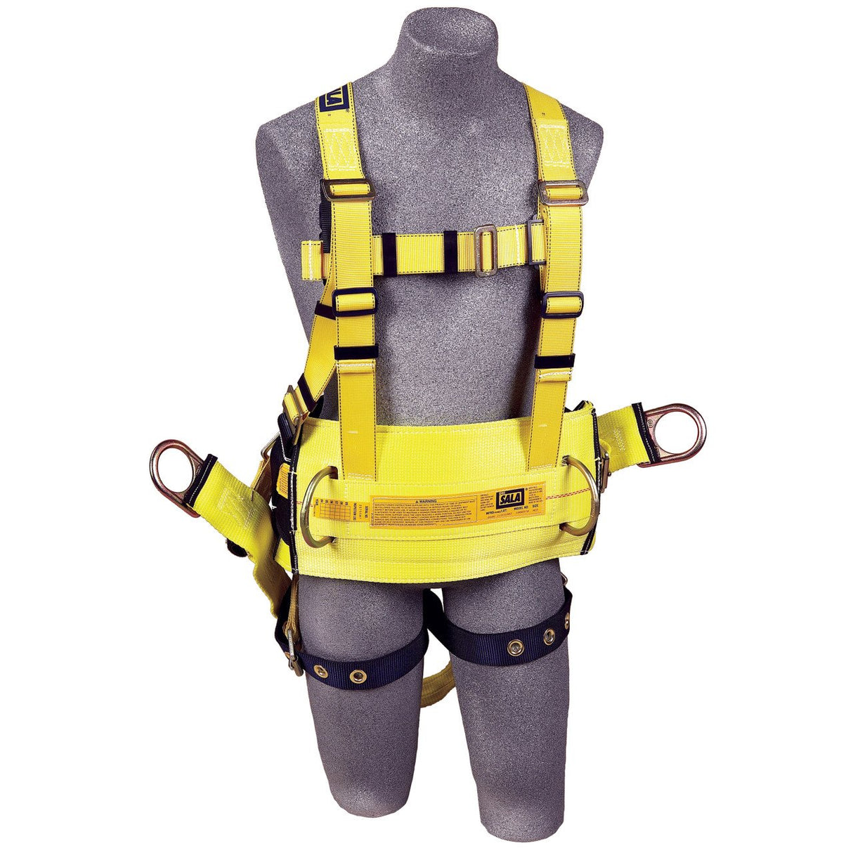 A 3M DBI-SALA Delta Derrick Harness from the 3M DBI-SALA Fall Protection brand is displayed on a gray mannequin torso. This yellow harness features black accents, abrasion-resistant webbing, and corrosion-resistant hardware. With adjustable straps, buckles, and metal D-rings, it offers reliable fall protection through secure attachments.