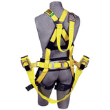 A gray mannequin displays the 3M DBI-SALA Delta Derrick Harness, highlighting its abrasion-resistant webbing and corrosion-resistant hardware. This yellow harness from 3M DBI-SALA Fall Protection features black padding and metallic buckles, covering the torso, shoulders, and upper thighs. It also offers adjustable straps for maximum safety.