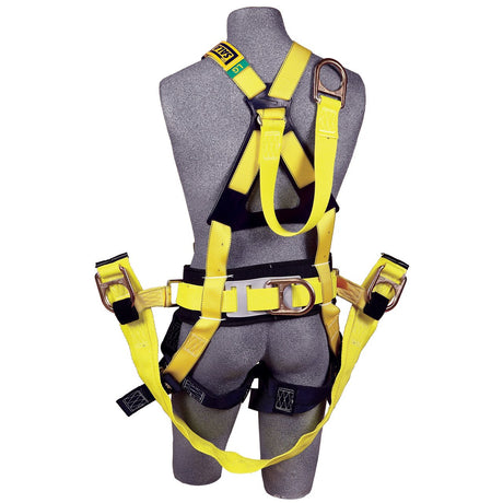 A gray mannequin displays the 3M DBI-SALA Delta Derrick Harness, highlighting its abrasion-resistant webbing and corrosion-resistant hardware. This yellow harness from 3M DBI-SALA Fall Protection features black padding and metallic buckles, covering the torso, shoulders, and upper thighs. It also offers adjustable straps for maximum safety.