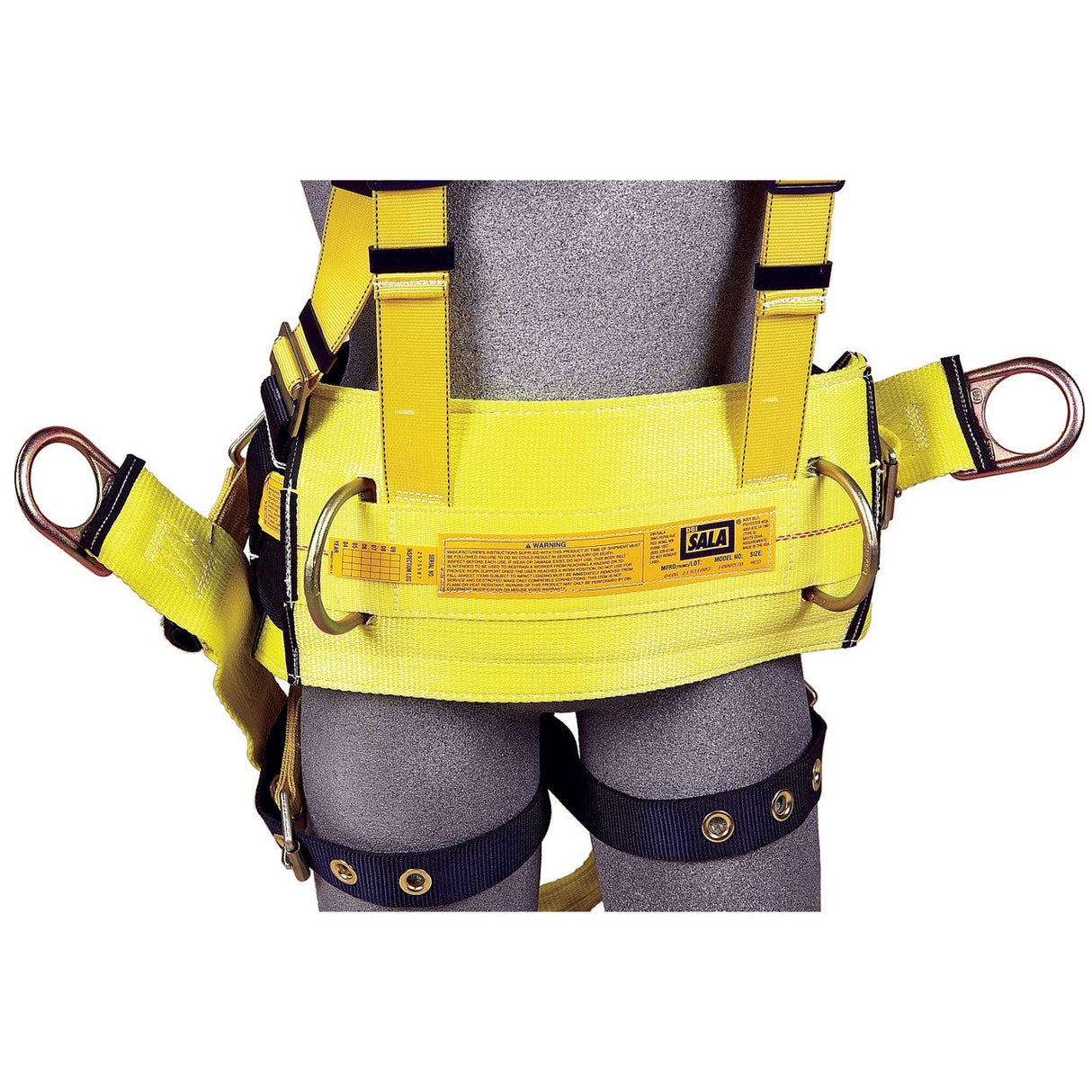 Close-up of a 3M DBI-SALA Delta Derrick Harness featuring yellow straps and corrosion-resistant hardware, engineered for fall protection. The harness is fastened around a gray mannequin, highlighting its multiple adjustment points and abrasion-resistant webbing for increased durability and comfort.