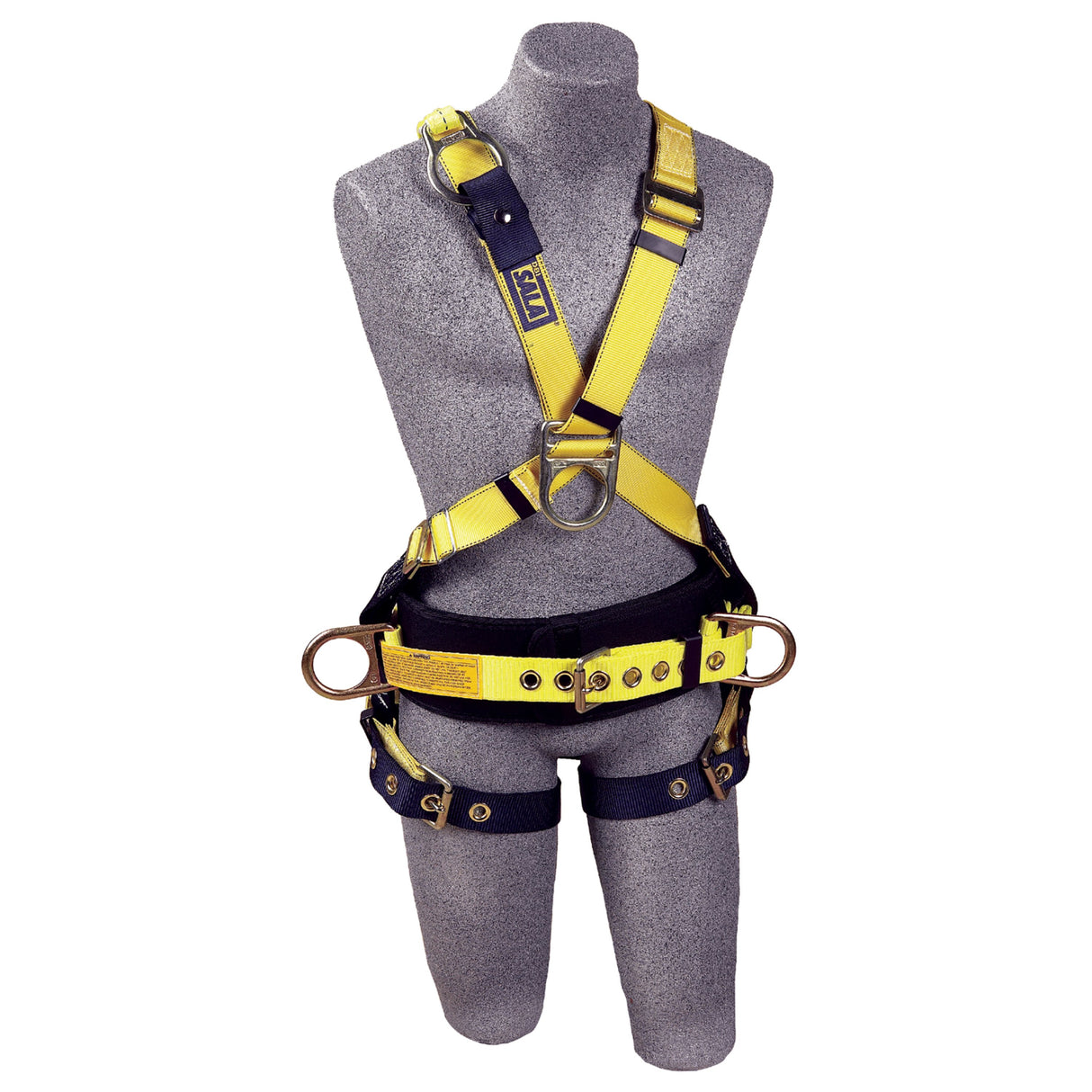 A gray mannequin displays the 3M DBI-SALA Fall Protection Delta Crossover Harness, which boasts a distinctive yellow and black design with several adjustable straps and corrosion-resistant hardware. This harness, featuring front, side, and back D-rings along with a D-ring extension, provides robust fall protection around the torso and legs.