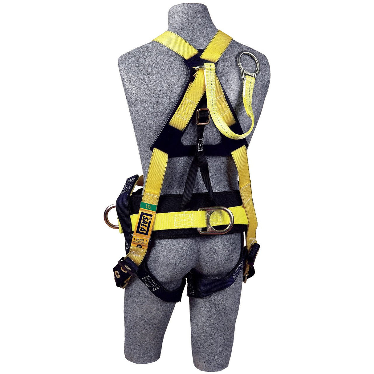 A gray mannequin displays the 3M DBI-SALA Delta Crossover Harness by 3M DBI-SALA Fall Protection, highlighting its distinctive yellow and black design. This harness features metal D-rings on the front, sides, and back, along with corrosion-resistant hardware and adjustable straps for secure attachment around the torso, waist, and legs.