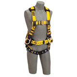 A gray mannequin showcases the 3M DBI-SALA Delta Iron Worker Positioning Safety Harness from 3M DBI-SALA Fall Protection. This yellow and black harness includes corrosion-resistant hardware, adjustable straps, metal buckles, and D-rings. It is designed for fall protection and wraps securely around the shoulders, chest, waist, and legs.