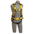 A 3M DBI-SALA Delta Iron Worker Positioning Safety Harness is displayed on a grey mannequin. This yellow and black safety harness, from the 3M DBI-SALA Fall Protection brand, features adjustable straps, corrosion-resistant hardware, and secure D-rings. It's designed for use in construction or climbing, ensuring both safety and durability.