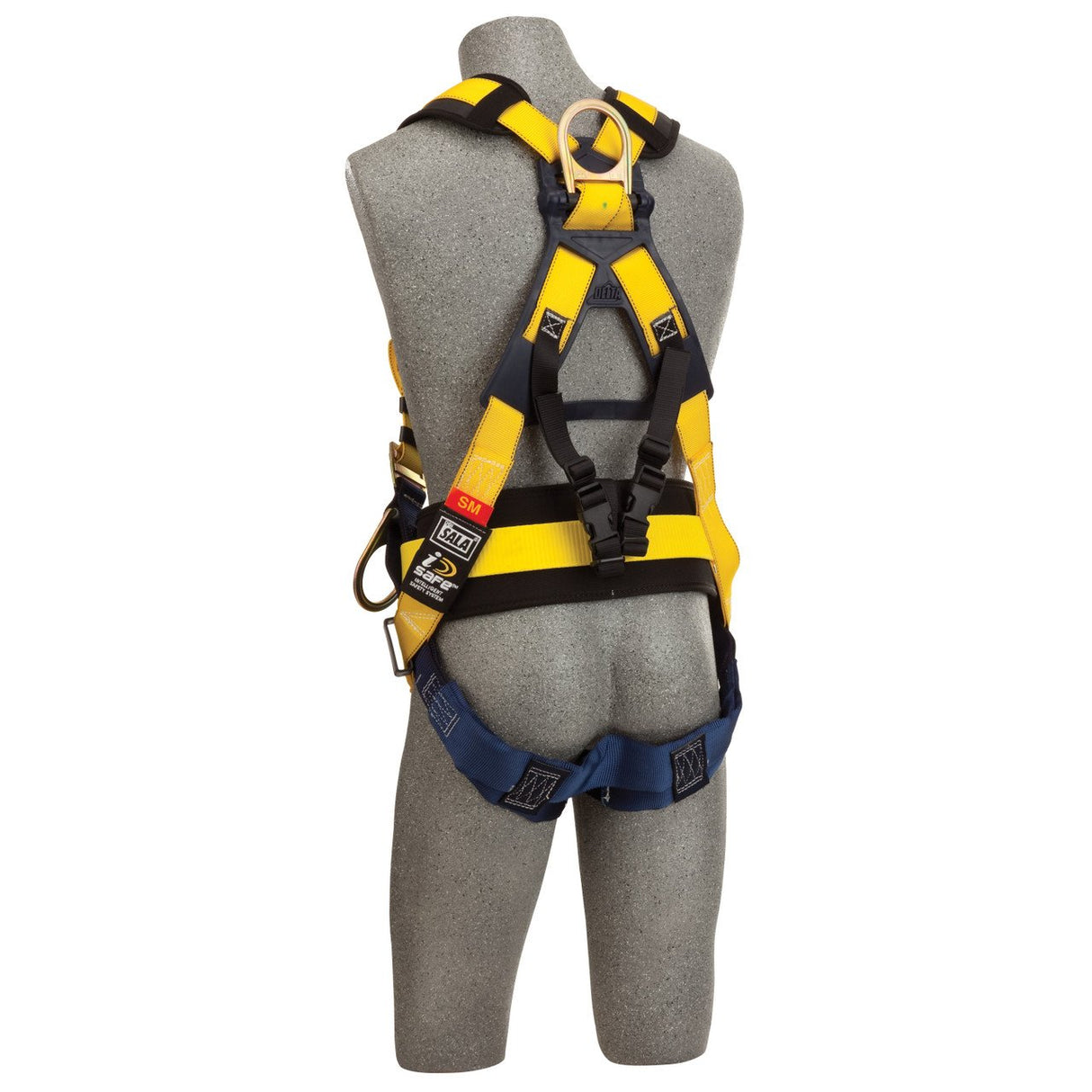 A gray mannequin showcases the 3M DBI-SALA Delta Iron Worker Positioning Safety Harness, a product by 3M DBI-SALA Fall Protection, boasting a yellow and black design. It features corrosion-resistant hardware, adjustable straps, metal buckles, and a D-ring on the back for secure attachment and fall protection.