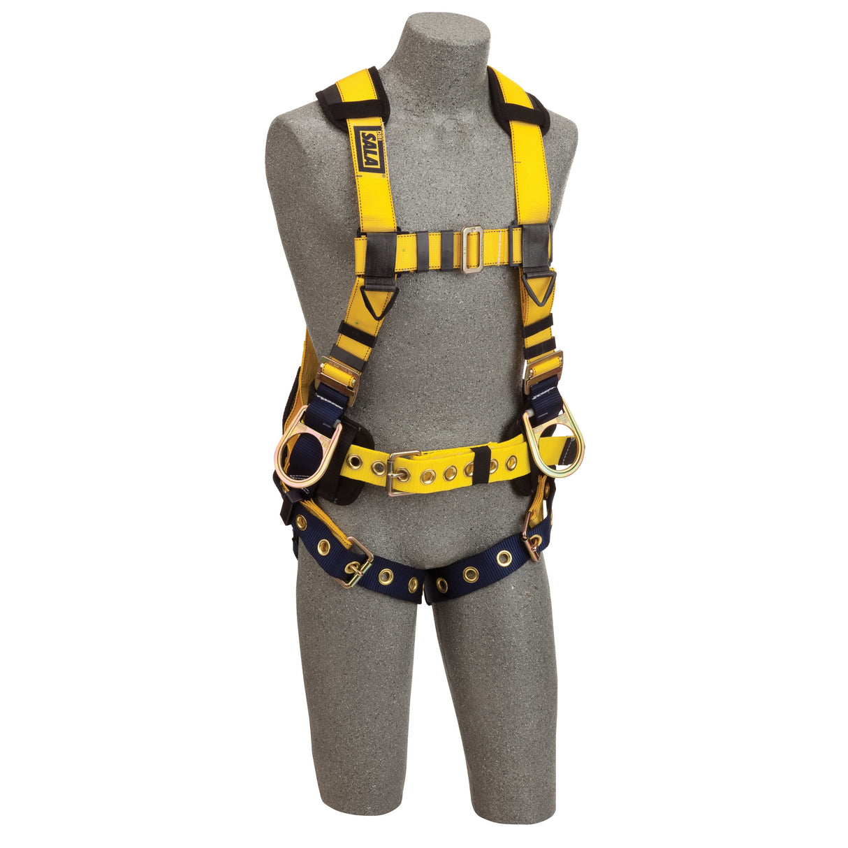 A mannequin displays a yellow and black 3M DBI-SALA Delta Iron Worker Positioning Safety Harness, featuring adjustable straps and corrosion-resistant hardware for fall protection. The harness is set on a simple gray stand against a pristine white background.