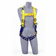 A gray mannequin showcases a Delta Back & Front D-Ring Harness 1107803, part of the 3M DBI-SALA Fall Protection line. The harness features yellow and blue straps, leg loops, chest buckle, and adjustment points, expertly designed for fall protection in construction or industrial settings.