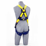 A gray mannequin displays the Delta Back & Front D-Ring Harness 1107803 from 3M DBI-SALA Fall Protection, featuring yellow and blue straps, as well as metal rings and buckles designed for maximum support in fall prevention scenarios. The setup perfectly highlights Capital Safety harnesses from a back view.