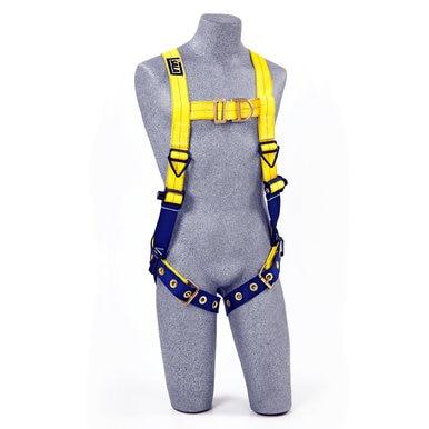 A gray mannequin showcases the Delta Back & Front D-Ring Harness 1107803 from 3M DBI-SALA Fall Protection in vibrant yellow and blue. This harness features adjustable straps, metal buckles, and reinforced loops for optimal fall protection and secure attachment.