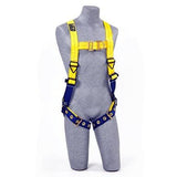 A gray mannequin wears the Delta Back & Front D-Ring Harness 1107803 by 3M DBI-SALA Fall Protection, showcasing its yellow and blue design with adjustable straps and metal buckles. This safety equipment is crafted for security and support, making it essential in construction or other high-risk work environments.