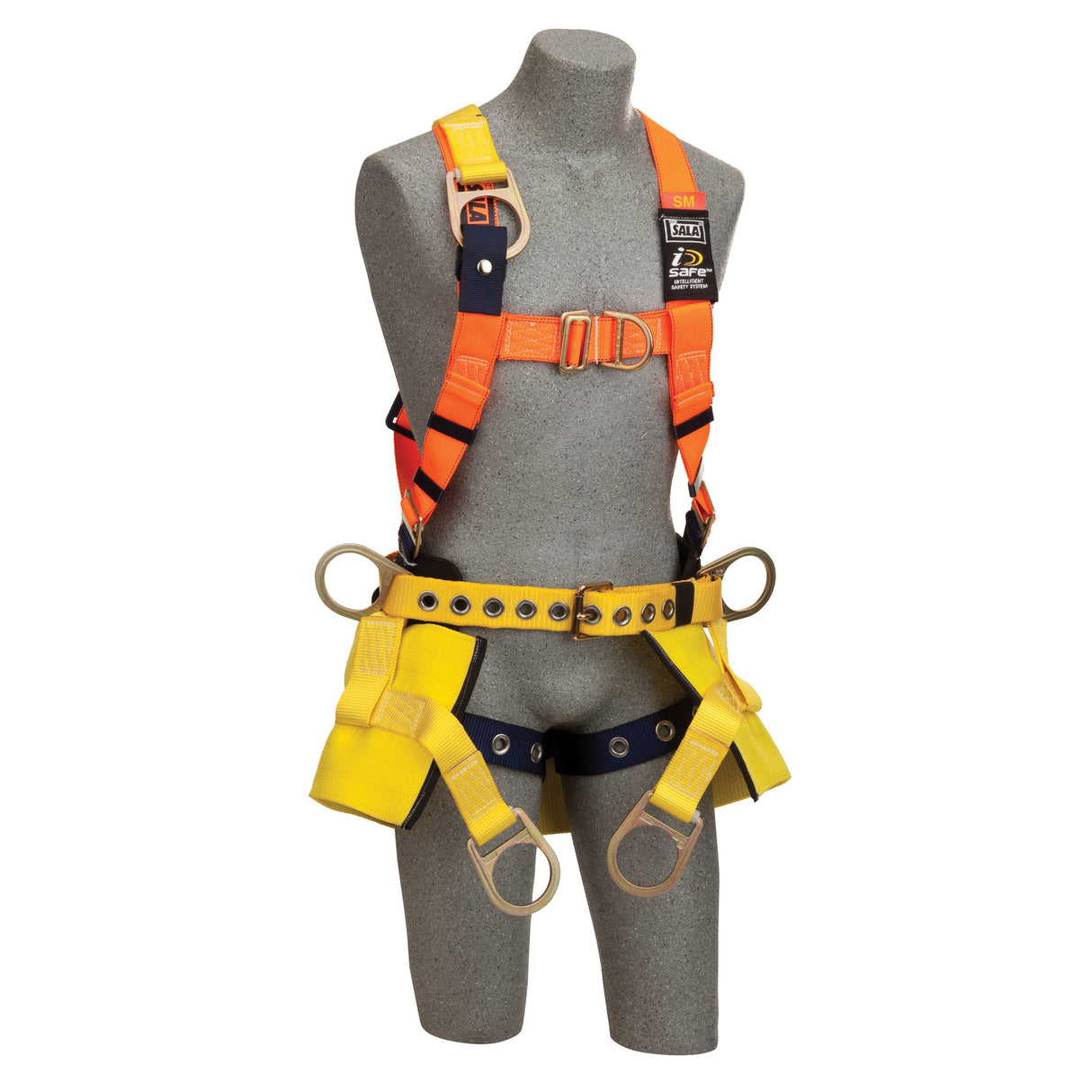 Displayed on a gray mannequin torso is the 3M DBI-SALA Delta Construction Climbing/Positioning Harness from 3M DBI-SALA Fall Protection, featuring bright orange and black shoulder straps, a yellow waist belt, and leg loops. This harness includes metal rings and fasteners for secure attachment.