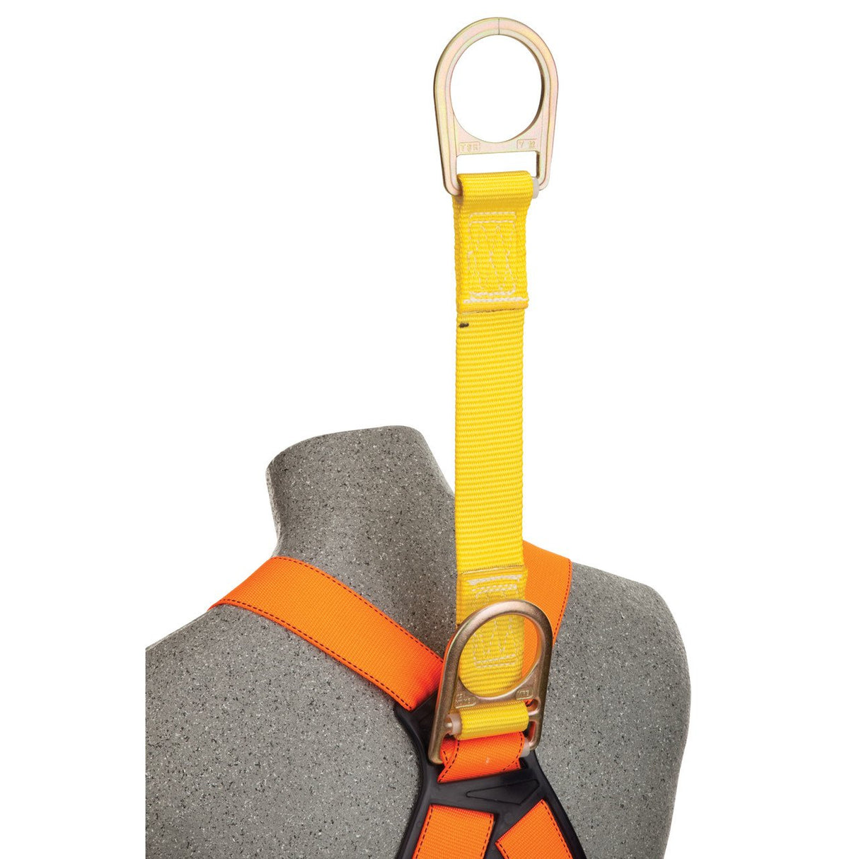 A mannequin torso showcases a 3M DBI-SALA Delta Construction Climbing/Positioning Harness with vibrant orange and yellow straps, ideal for construction climbing. A yellow attachment strap extends upwards, secured by sturdy metal D-rings. This positioning harness from 3M DBI-SALA Fall Protection is set against a plain background, ready to ensure both action and safety.