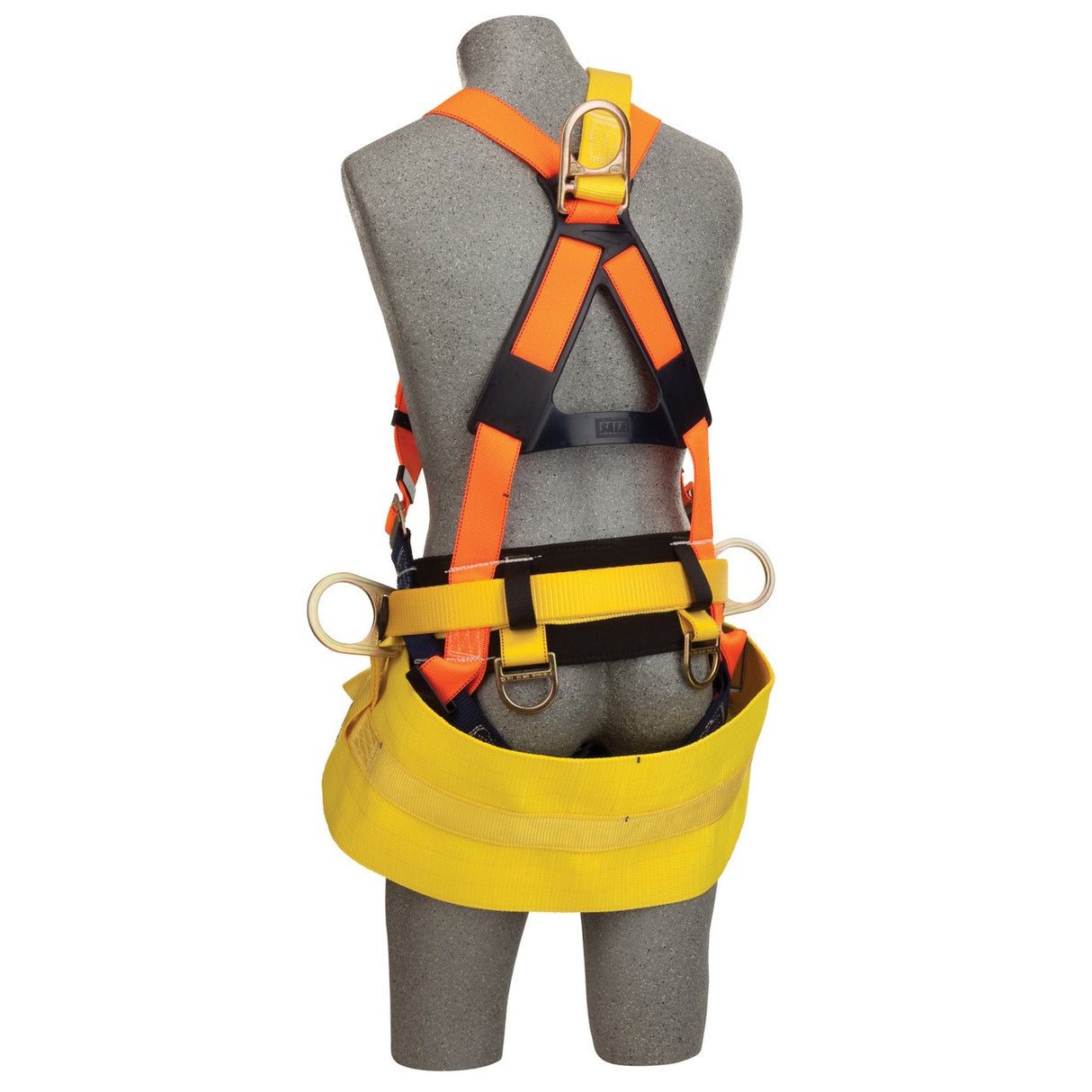 A gray mannequin showcases the 3M DBI-SALA Delta Construction Climbing/Positioning Harness from the brand 3M DBI-SALA Fall Protection. The harness, in a vibrant orange color with black straps and a yellow waist belt, features multiple metal rings for attachment. It is displayed from the back to highlight its secure and reliable design.