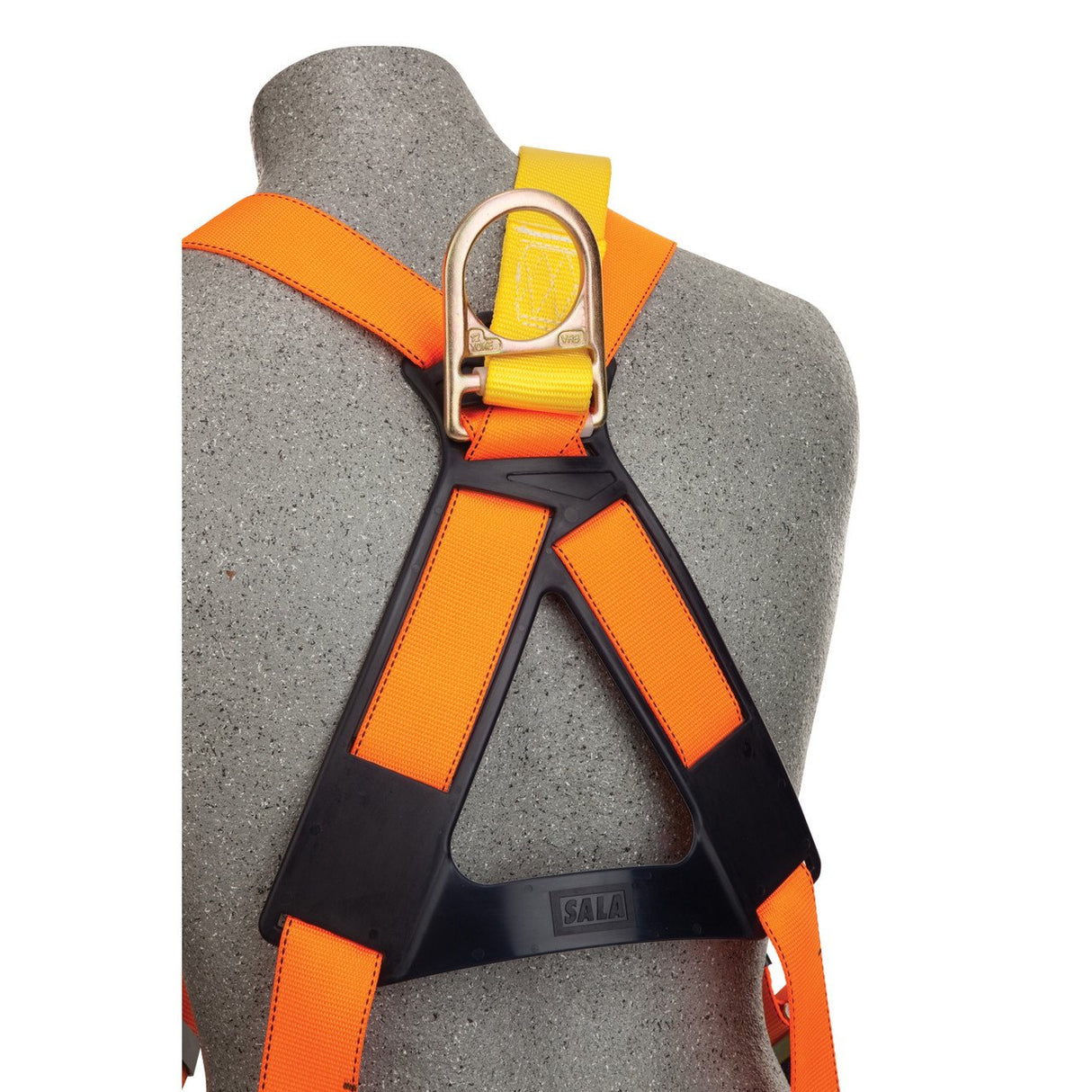 Close-up of a mannequin wearing the 3M DBI-SALA Delta Construction Climbing/Positioning Harness in orange, featuring a yellow and silver locking mechanism on the back, set against a neutral background.