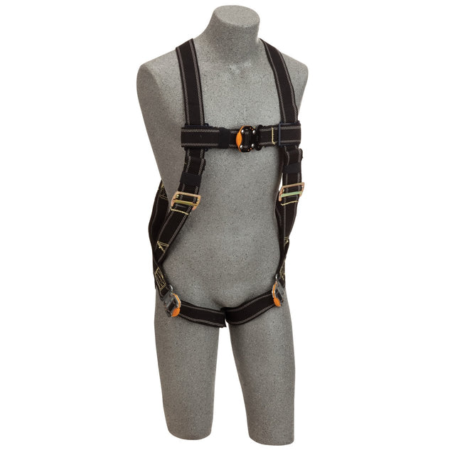 The 3M DBI-SALA Delta Hot Work Safety Harness from 3M DBI-SALA Fall Protection, crafted with durable Nomex/Kevlar fiber webbing, is elegantly displayed on a grey mannequin. It boasts a sleek black design highlighted by orange accents and includes adjustable buckles on the shoulder, chest, and leg straps for a secure fit. The harness also features corrosion-resistant hardware to enhance its durability.