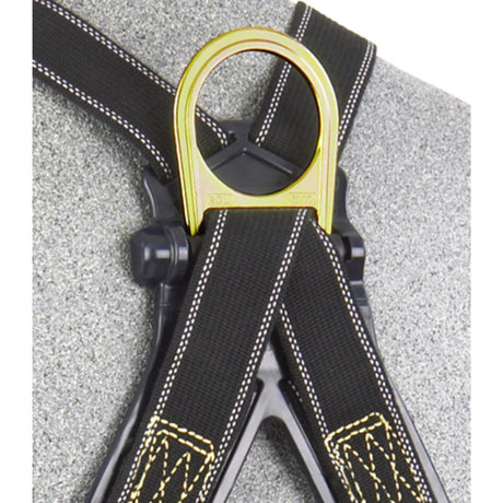 A close-up of the 3M DBI-SALA Delta Hot Work Safety Harness from 3M DBI-SALA Fall Protection showcases its corrosion-resistant hardware, black webbing, and yellow stitching. The harness features a metal O-ring connector and black buckles, all displayed on a mannequin for clarity.