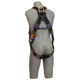 A gray mannequin showcases a 3M DBI-SALA Delta Hot Work Safety Harness from the back. This harness, part of the 3M DBI-SALA Fall Protection line, includes adjustable straps with yellow-stitched Nomex/Kevlar fiber webbing and corrosion-resistant hardware, featuring buckles and a metal ring for fall protection.