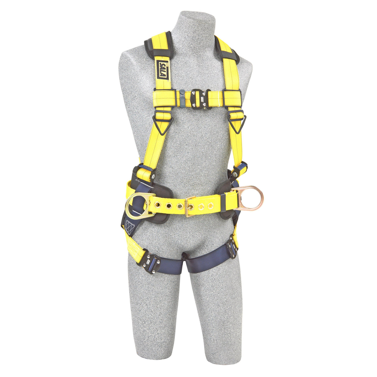 The 3M DBI-SALA Delta Construction Positioning Safety Harness by 3M DBI-SALA Fall Protection, in yellow with black buckles, is showcased on a gray mannequin. It boasts corrosion-resistant hardware, adjustable straps, and a metal ring attachment point, making it perfect for construction positioning while ensuring maximum safety.