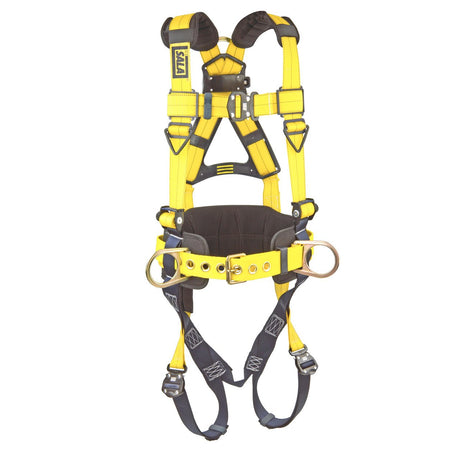 The 3M DBI-SALA Delta Construction Positioning Safety Harness by 3M DBI-SALA Fall Protection is a yellow and black safety harness with corrosion-resistant hardware, adjustable straps, and metal buckles. It is designed to secure a person during work at heights and includes a padded waist belt and leg loops for comfort in construction positioning tasks.