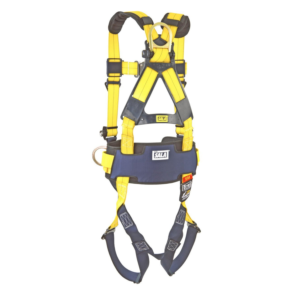 The 3M DBI-SALA Delta Construction Positioning Safety Harness features yellow straps, black padding, and corrosion-resistant hardware. Specifically designed for fall protection, it is ideal for construction tasks. It includes multiple adjustment points and buckles to ensure a secure fit and comes with a label displaying brand details from 3M DBI-SALA Fall Protection.