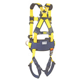 The 3M DBI-SALA Delta Construction Positioning Safety Harness features yellow straps, black padding, and corrosion-resistant hardware. Specifically designed for fall protection, it is ideal for construction tasks. It includes multiple adjustment points and buckles to ensure a secure fit and comes with a label displaying brand details from 3M DBI-SALA Fall Protection.