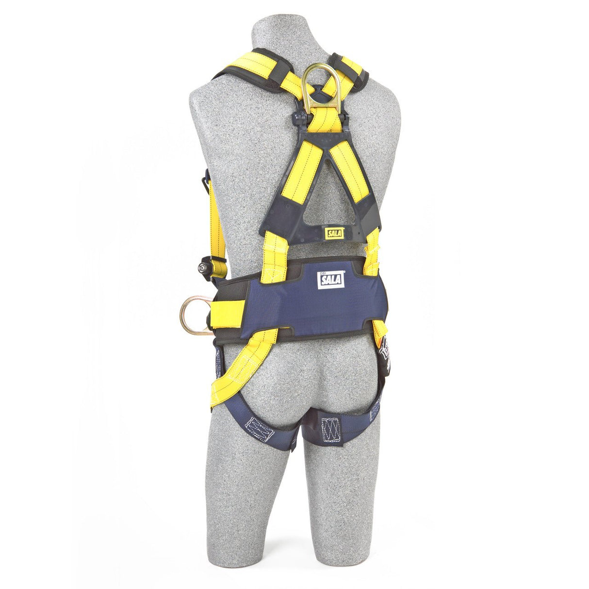 A mannequin is outfitted with the 3M DBI-SALA Delta Construction Positioning Safety Harness in yellow and black. This harness features corrosion-resistant hardware, including metal D-rings and buckles, and is designed by 3M DBI-SALA Fall Protection for fall safety. It includes adjustment straps around the chest and legs to ensure secure construction positioning.