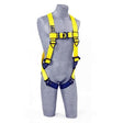 A mannequin displays the Delta Back D-Ring Quick-Connect Harness 1110600, a yellow and blue safety harness with adjustable straps and buckles, perfect for construction or industrial settings. Featuring Quick-Connect technology from 3M DBI-SALA Fall Protection, it ensures comprehensive safety and support.