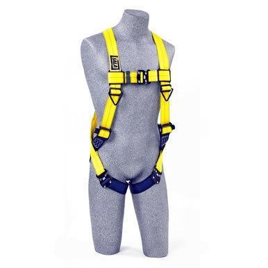 A gray mannequin showcases the Delta Back D-Ring Quick-Connect Harness 1110600 from 3M DBI-SALA Fall Protection. The yellow safety harness features quick-connect black buckles, adjustable straps across the chest and legs, and is complemented by blue padding for added comfort.