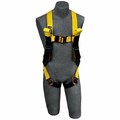 A grey mannequin displays a 3M DBI-SALA Fall Protection Delta Nylon Arc Flash Rescue Loop Quick-Connect Harness 1110782, complete with quick-connect buckles and multiple adjustable straps. Designed to ensure safety, this harness is perfect for utility applications and is commonly used in construction or climbing activities.