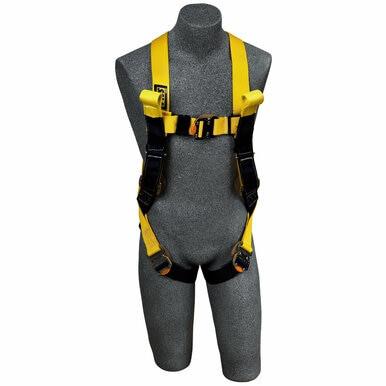 A display mannequin showcases the Delta Nylon Arc Flash Rescue Loop Quick-Connect Harness 1110782 by 3M DBI-SALA Fall Protection in yellow and black. This harness features adjustable straps and quick-connect buckles around the chest and legs, designed to secure a person during high-risk activities or utility applications, ensuring safety in demanding work environments.