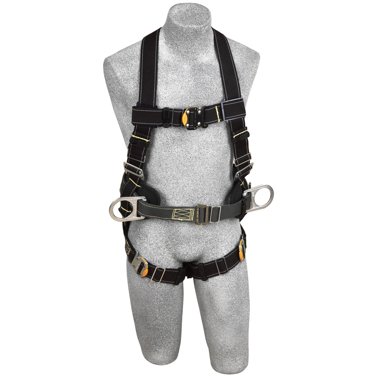 A gray mannequin dons a 3M DBI-SALA Delta Arc Flash Construction Positioning Harness. This black harness from 3M DBI-SALA Fall Protection features multiple adjustable straps, metal buckles, and yellow stitching. It is complete with two large metal rings on the sides for attachment, making it ideal for construction positioning or electrical safety.