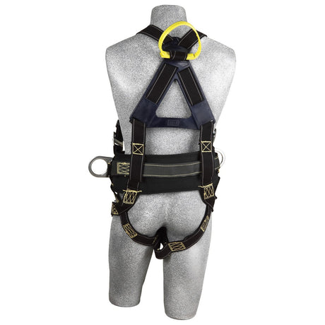 A gray mannequin is wearing a 3M DBI-SALA Delta Arc Flash Construction Positioning Harness, which is black with yellow stitching. This harness by 3M DBI-SALA Fall Protection includes robust metal rings and buckles, featuring a large circular ring on the upper back designed for construction positioning safety.