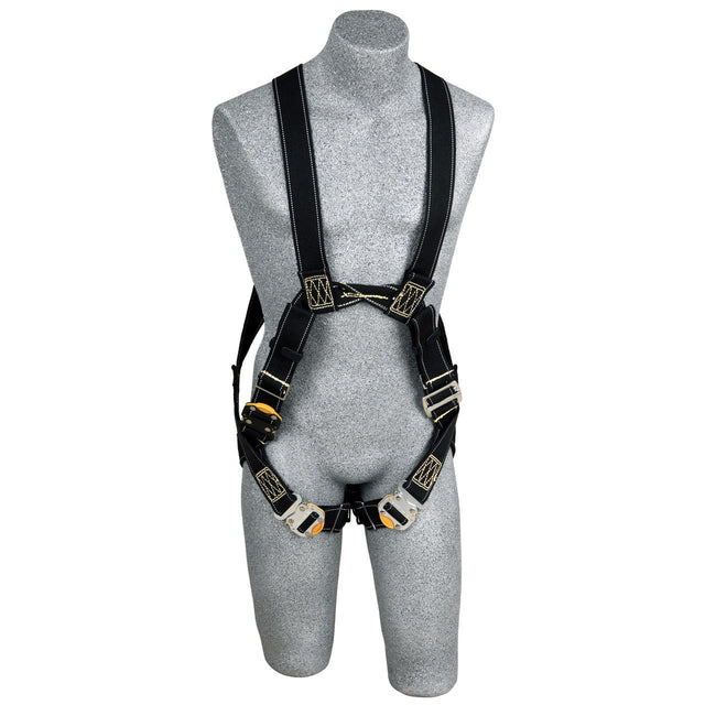 A gray mannequin showcases a 3M DBI-SALA Delta Arc Flash Web Loop Rescue Safety Harness. This harness, from 3M DBI-SALA Fall Protection, is black and features Nomex/Kevlar webbing along with adjustable straps, durable buckles, and corrosion-resistant hardware to ensure optimal fall protection. The display is set against a plain white background.