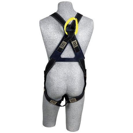 A gray mannequin torso showcases the 3M DBI-SALA Delta Arc Flash Web Loop Rescue Safety Harness by 3M DBI-SALA Fall Protection, featuring a black design with yellow accents. This industrial or construction harness is crafted with Nomex/Kevlar web adjustable straps, corrosion-resistant hardware, and metal buckles, all presented from a back view.