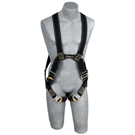 A gray mannequin displays a 3M DBI-SALA Delta Arc Flash Web Loop Rescue Safety Harness from 3M DBI-SALA Fall Protection, featuring a black harness with corrosion-resistant hardware and adjustable buckles for fall protection in industrial or construction settings.