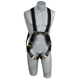 A gray mannequin displays the 3M DBI-SALA Delta Arc Flash Web Loop Rescue Safety Harness, showcasing corrosion-resistant hardware and multiple buckles. The black harness, designed for durability, is presented against a plain white background.