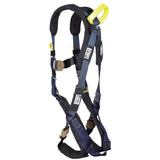 The 3M DBI-SALA ExoFit XP Comfort Arc Flash Web Loop Rescue Harness, from the renowned brand 3M DBI-SALA Fall Protection, is a black and navy full-body harness designed specifically for fall protection. It includes adjustable straps and metal buckles, with ExoFit XP comfort padding, padded shoulder straps for enhanced comfort, and features a yellow handle loop at the top to ensure added safety and ease of use.