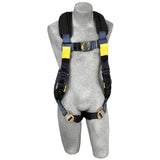 The 3M DBI-SALA ExoFit XP Comfort Arc Flash Web Loop Rescue Harness by 3M DBI-SALA Fall Protection is showcased on a gray mannequin torso. This expertly designed black harness, with blue straps, yellow accents, and silver buckles, offers exceptional comfort and safety for climbing or construction work.